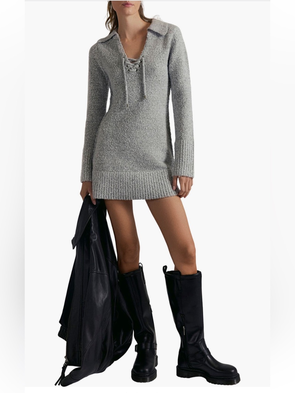 Free People Milena Long Sleeve Mini Gray Knit Lace-Up Sweater Dress